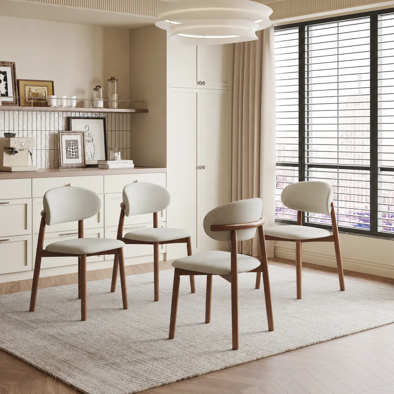 Solid Wood Dining Chairs Set of 4, Beige Chenille Upholstered Dining Room Chairs, Modern Farmhouse Kitchen Chairs with X-Shaped Metal Reinforced Frame, Armless Accent Side Chairs