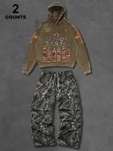 Gothic Hoodie Set with Camo Patchwork Pants, Loose-Fitting Street Style, Casual Daily Wear, Music Festival, Spring & Fall