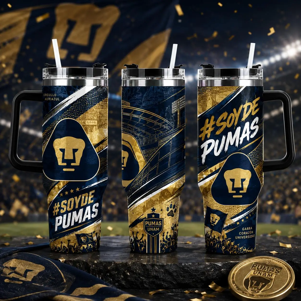 Pumas UNAM Tumbler Soccer Team Drinkware University Fan Gift Handle Mug With Straw