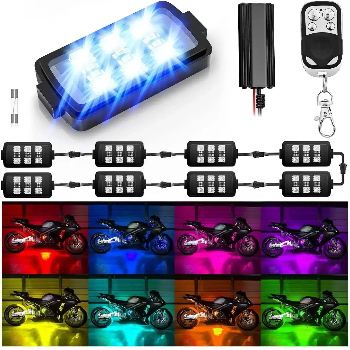 Nilight 8PCS High-Quality RGB RF Remote Control Motorcycle LED Pod Lights with LED Bar Light, IP65 Rated, Brake Alert Function, Self-Adhesive, for ATVs 4-Wheelers, Outdoors Night Riding, RGB Colors Automotive Motorcycle Lighting Parts