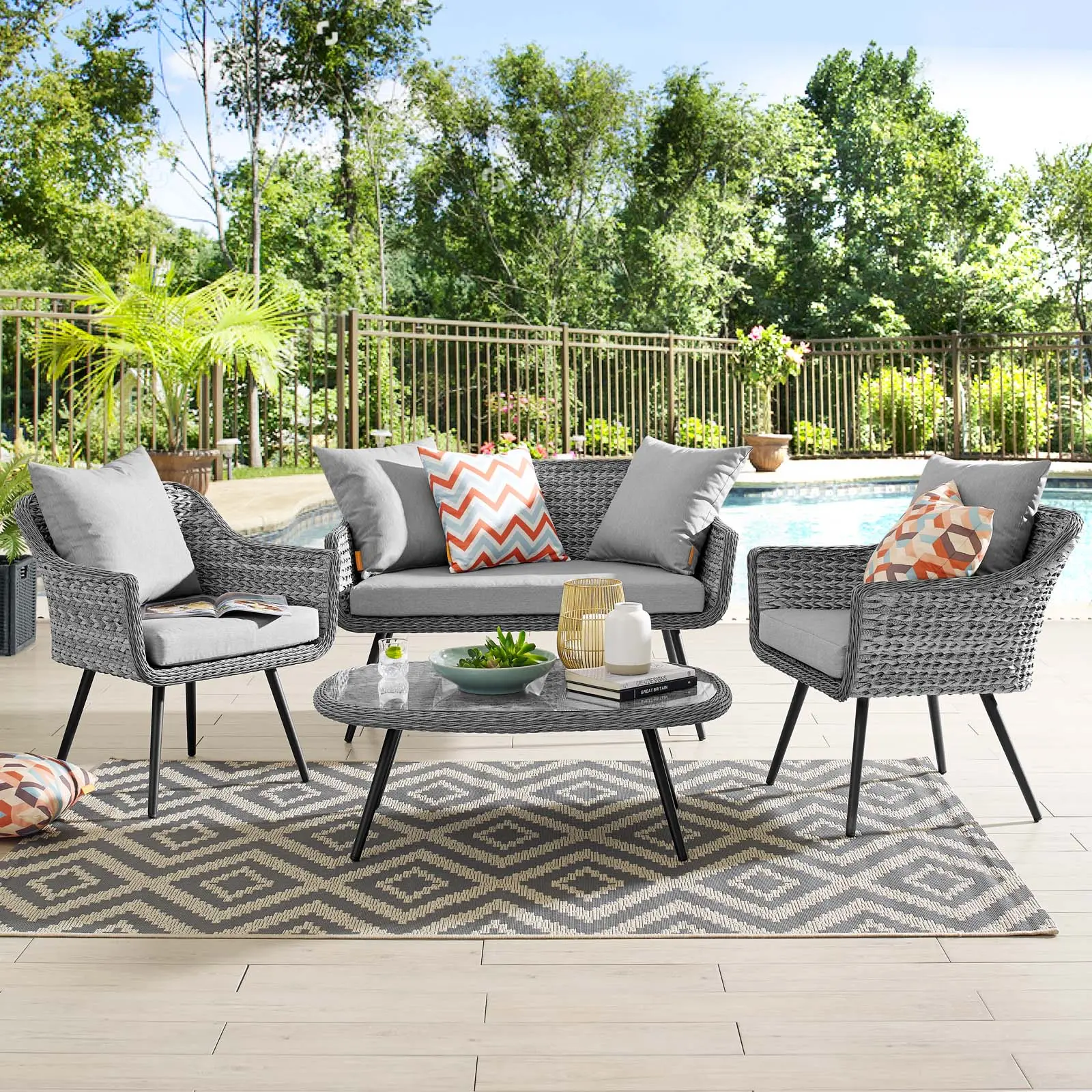 Modway Endeavor 4-Piece Contemporary Outdoor Patio Furniture Set - Waterproof Synthetic Rattan Loveseat, Armchair, and All-Weather Cushioned Coffee Table (Gray)