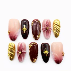 Press On Nails Prette Nail Studio Velvet Reliquary , Long Almond, Blush Pink and Burgundy Ombre, Gold Chrome Accents, Cross and Floral Charms, Sculpted Gold Nails, Glossy Finish