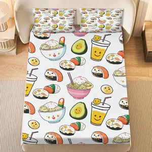 3Pcs Sushi Avocado Noodles Fitted sheet Three Piece Set (1*Fitted Sheet+2*Pillowcases, Coreless), Fun theme, Food Pattern Bedding Set, Mattress protector Soft, Breathable