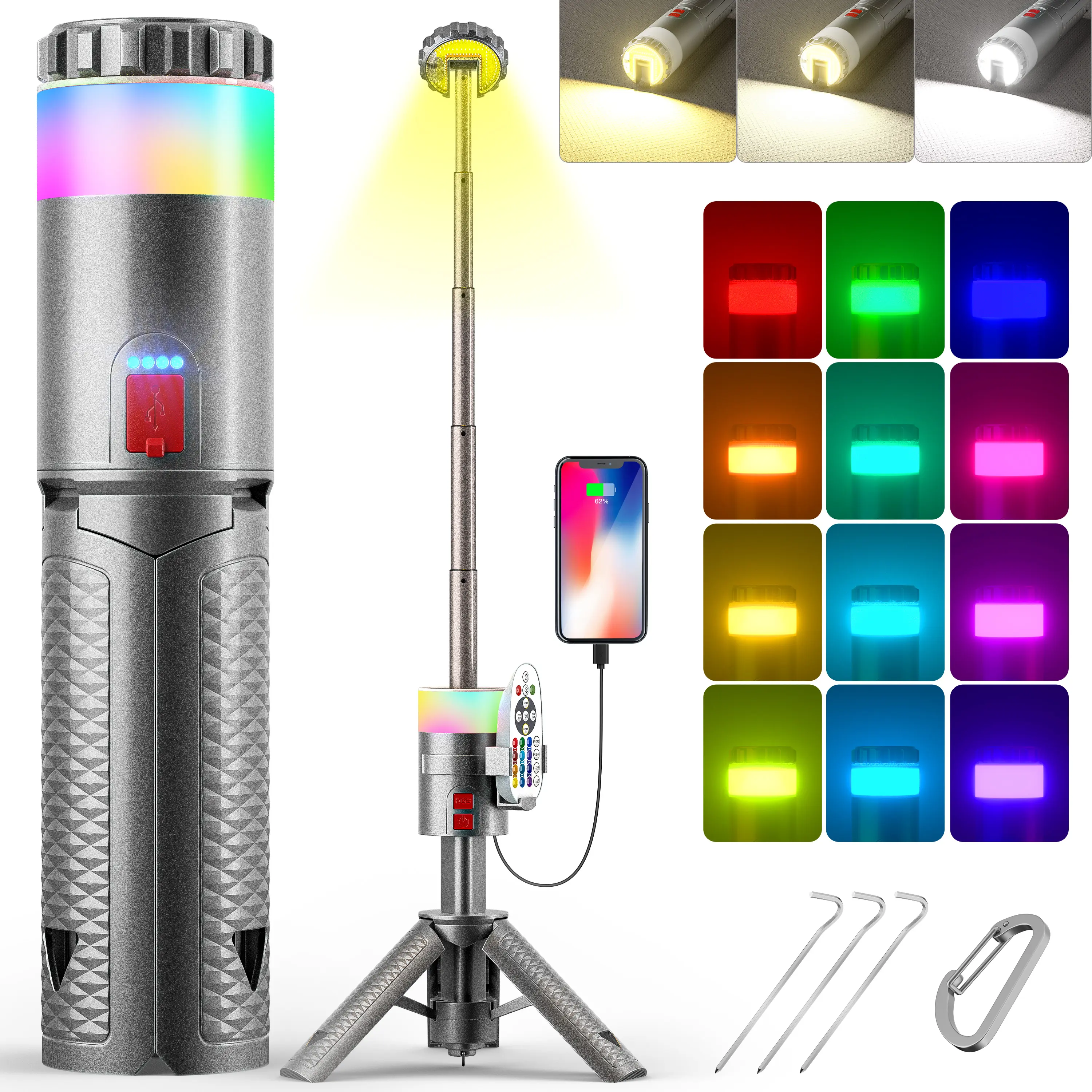 Hokolite Camping Lantern, Outdoor lights,RGB lamp, Lightlamp,Rechargeable Telescopic Lantern with 15 Color Modes, 10000mAh Portable Waterproof Lantern