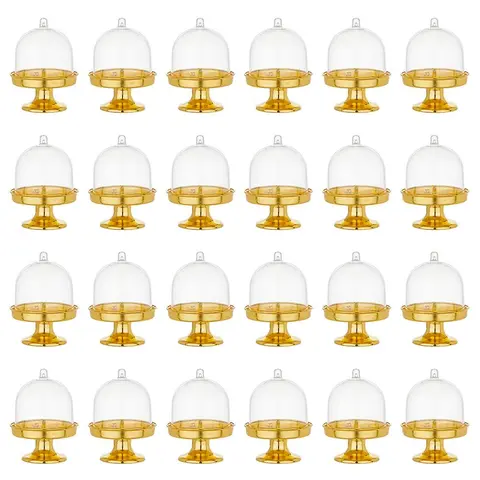24pcs Gold Cake Stands Set - Plastic Polypropylene 3.15x1.89in Mini Stands with Transparent Smooth Lightweight Domes, Car Interior Decor for Dessert Showcasing, Ideal for Birthday Wedding Parties