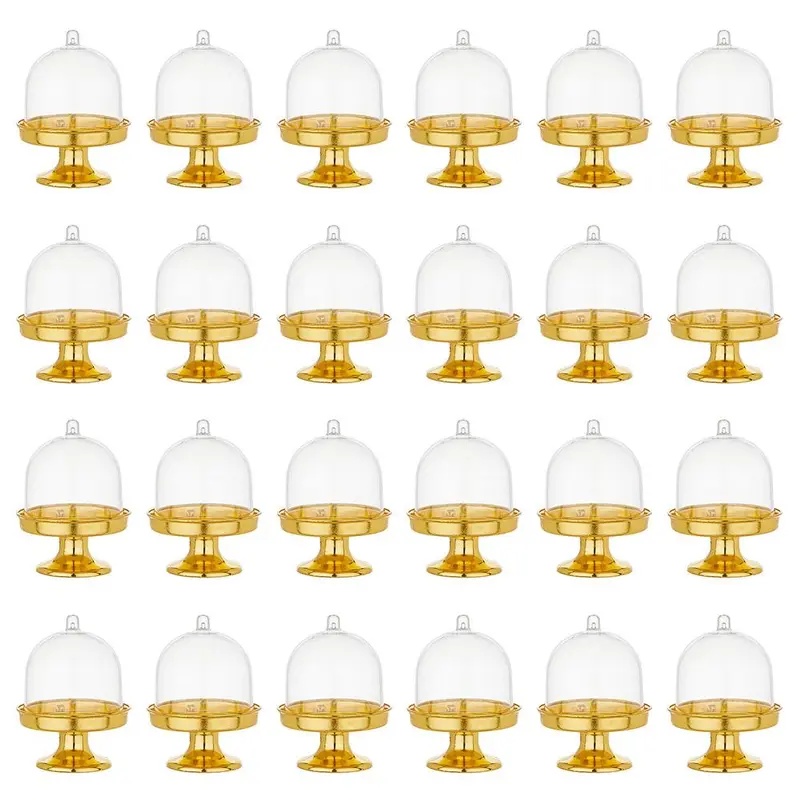 24pcs Gold Cake Stands Set - Plastic Polypropylene 3.15x1.89in Mini Stands with Transparent Smooth Lightweight Domes, Car Interior Decor for Dessert Showcasing, Ideal for Birthday Wedding Parties