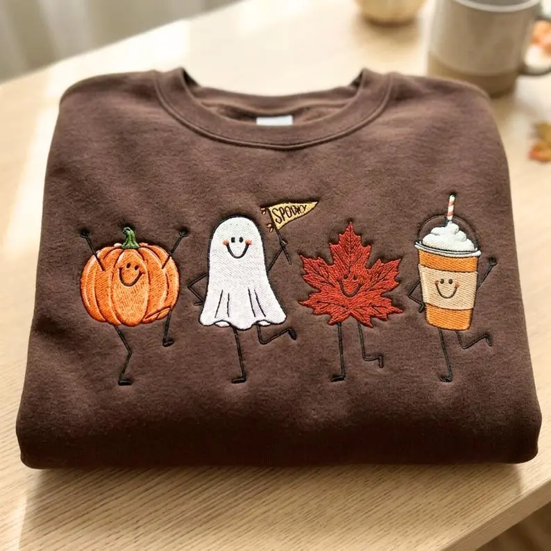 Fall Halloween Embroidered Sweatshirt, Pumpkin Ghost Crewneck, Spooky Latte Shirt, Cozy Fall Gift