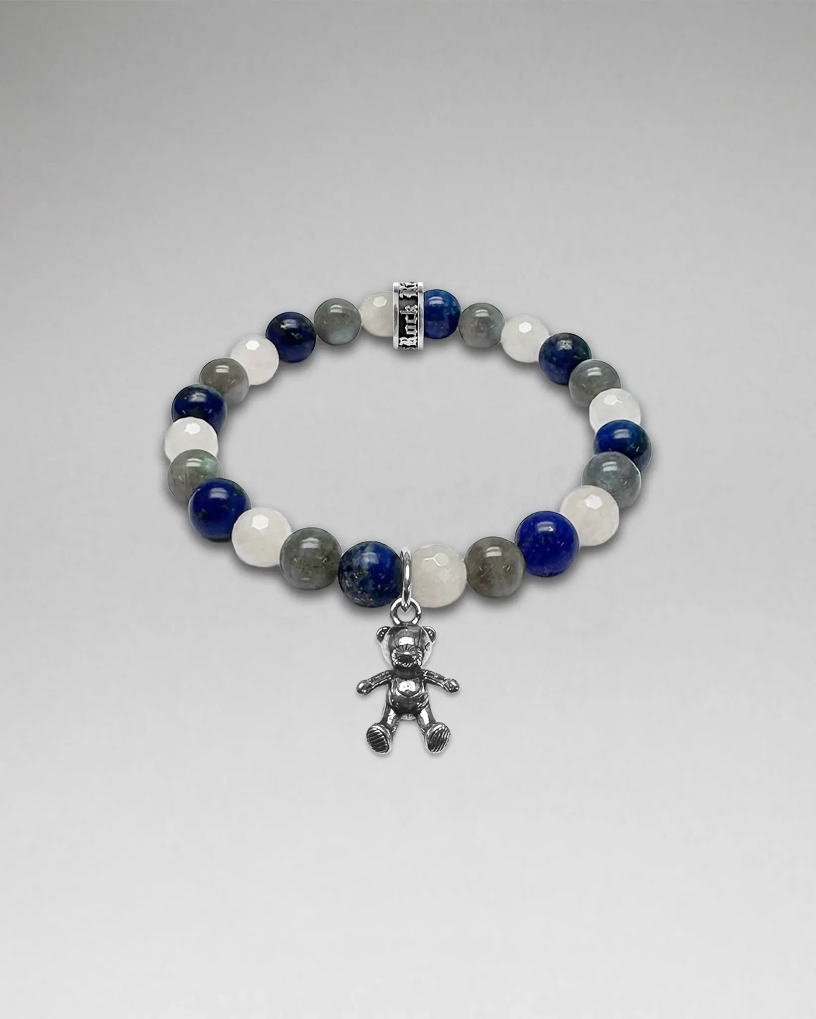 Rock Revival Handcrafted Multi-Color Stone Bead Bracelet for Adults, .925 Sterling Silver Jewelry with Bear Dangle Charm, No Warning Applicable, Beaded Bracelets, Custom-Cast