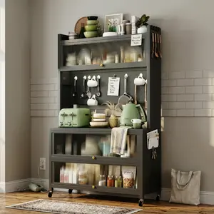 5 Tier Kitchen Bakers Rack Storage Cabinet with Dust-Free Flip Doors & DIY Pegboard Hooks Heavy Duty Carbon Steel Microwave Stand on Wheels