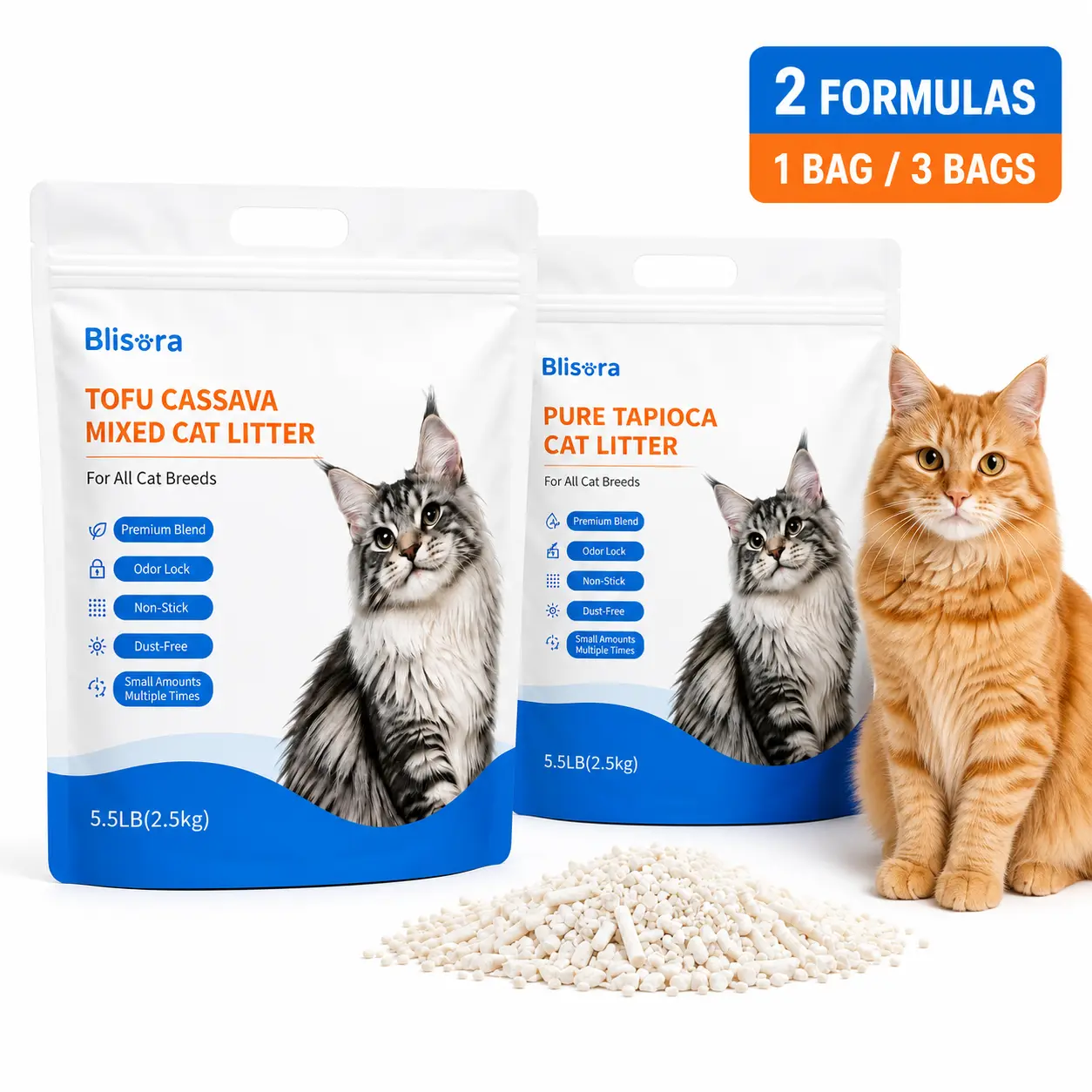 Plant-Based Cat Litter, Pure Tapioca or Tofu & Cassava Mixed Formula, 5.5 lb/16.5 lb, Quick Clumping, Low Dust, Odor Control, Non-Stick, Easy Scoop, Flushable in Small Amounts