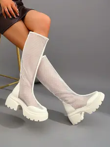 Women's Round Toe Mesh Hollow Out Long Booties, Breathable Summer Fashion Boots, Comfortable Platform Sole, Stylish Casual Shoes, Breathable Fashion Footwear
