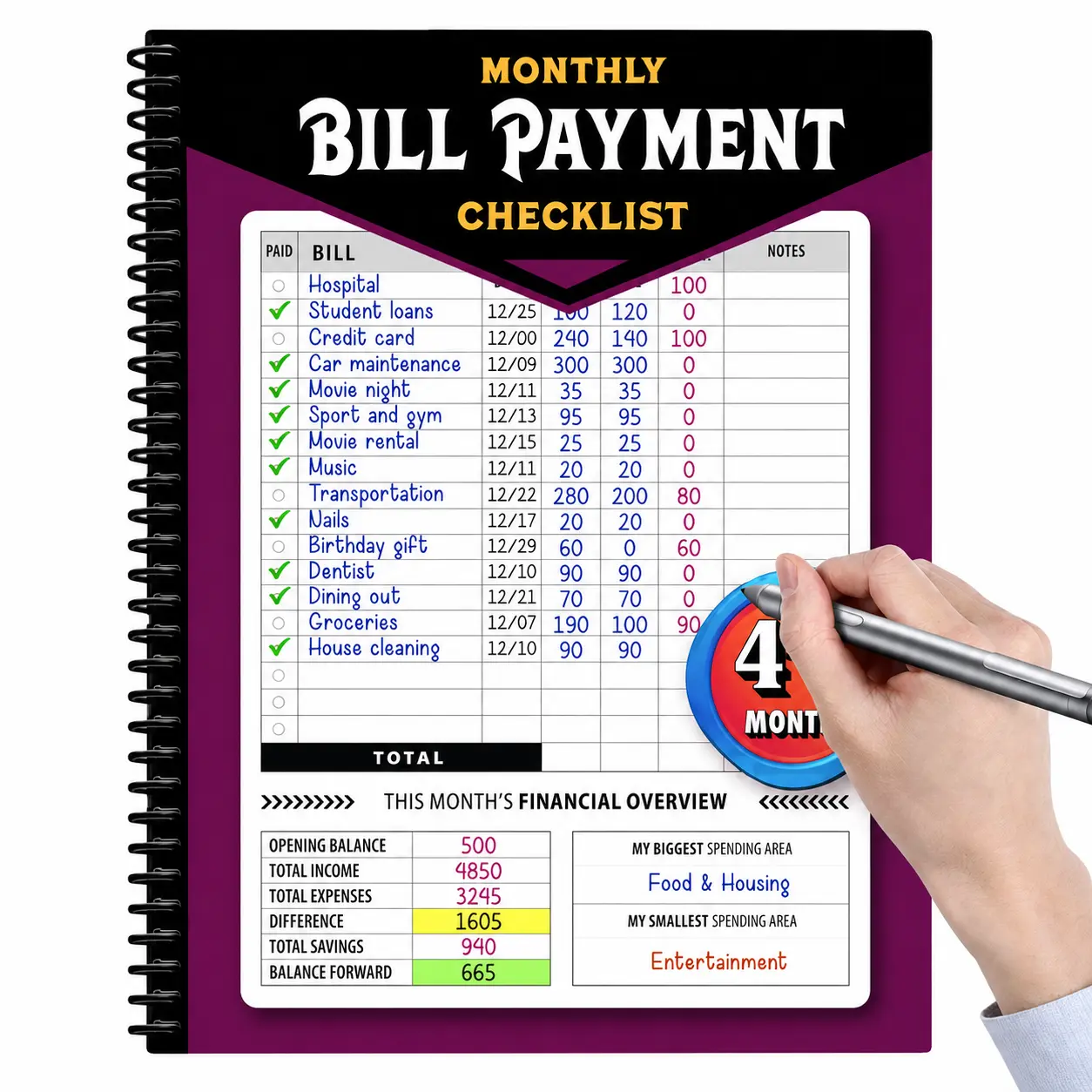 48-Month Budget Tracking Notebook, for Personal Finance Management & Weekly Expense Recording, Monthly Financial Organizer with Bill Payment Checklist, Pink English Paper Planner , Practical Household & Office Stationery