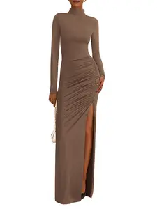 BTFBM Women's Formal Dresses Fall Long Sleeve Mock Neck Ruched Bodycon Slit Maxi Wedding Guest Cocktail Dress