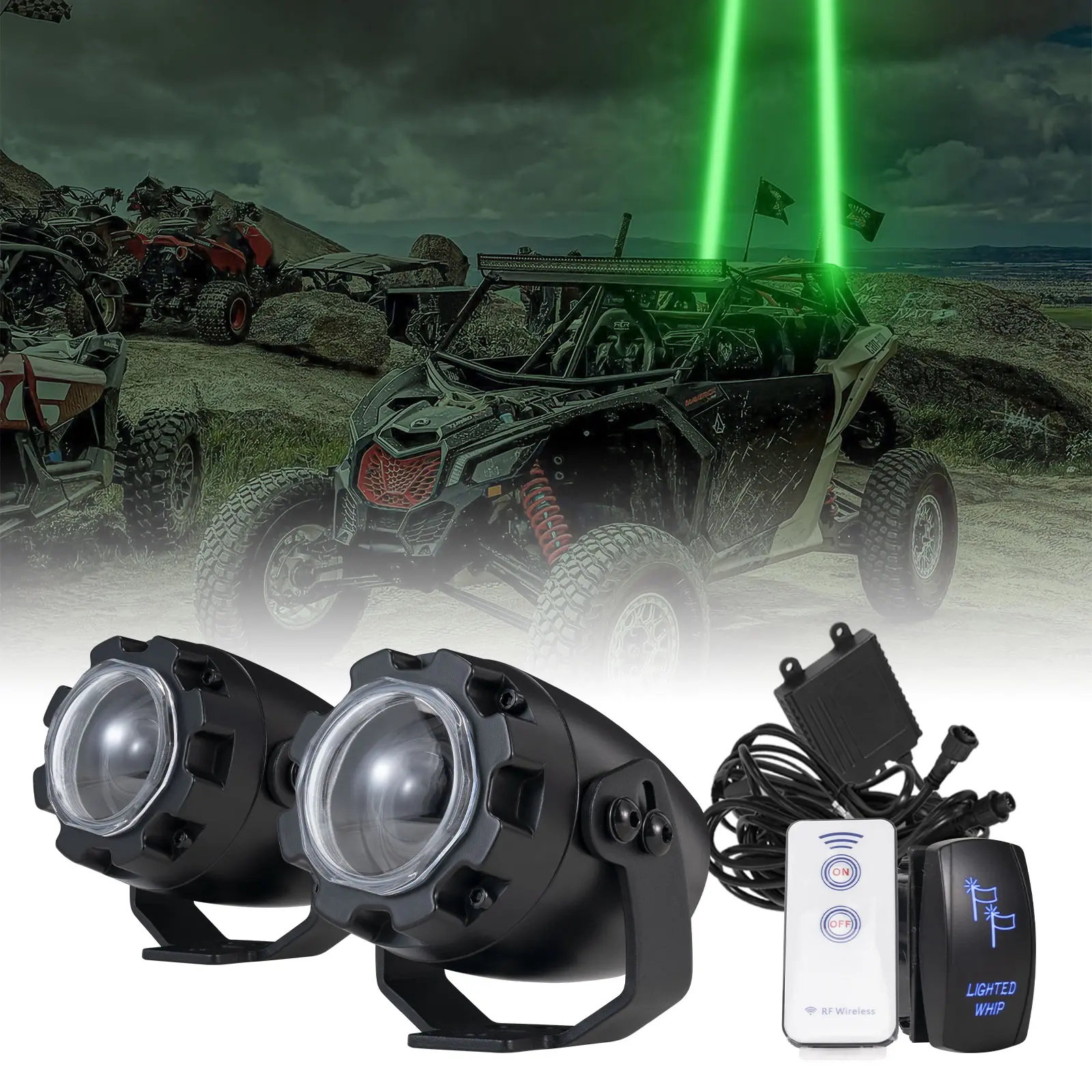 YCHOW-TECH 2PCS RGBW Wireless LED Whip Light Kits - LED Bracket, Switch, RF Remote, Laser Beam, Easy Install Aluminum Alloy Waterproof Automotive Visibility Parts for UTV/ATV,SXS