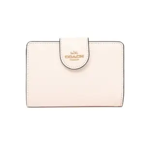 COACH Leather Corner Zip Card Wallet with Snap Closure for Women in White