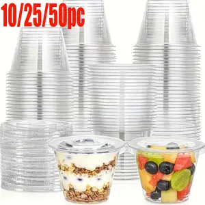 10/25/50/pc10OZ (300ml) transparent plastic cup with flat lid, simple design, durable structure, suitable for iced coffee, smoothies, milkshakes and any cold drink dipping cups, can also be used to hold fruits, candies, etc. It is the best choice for outd