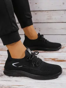 Men's Breathable Knit Slip-On Sneakers - Lightweight Lace-Up Casual Trainers with Elastic Laces for Daily Commute, Outdoor Walks and Casual Wear, Sports Shoes