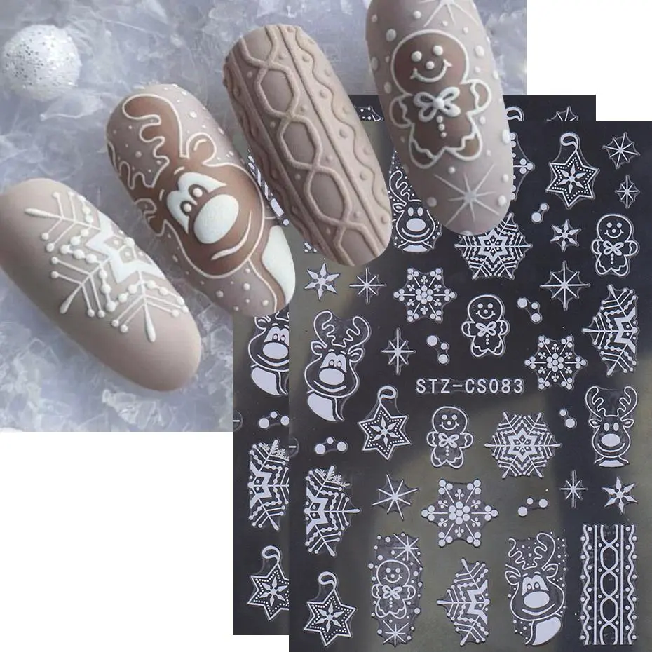 2pcs 3D White/Rose Gold Christmas Nail Sticker New Year Snowflake Decal Holographic Elk Gingerbread Man Slider Manicure Decor