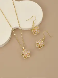 Women's Stainless Steel Necklace & Earrings Set, Trendy Jewelry Set, All Season Wear, Fashionable Oxidized Zirconia Five-Petal Flower Design, Floral Pattern, Elegant Jewelry Accessories, Necklaces Earrings Set