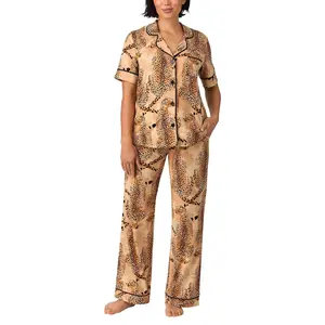 Room Service Women’s Pajama Sets, Short Sleeve Soft Stretch Button-Down Top with Open Leg Pants, 2-Piece Lounge Set