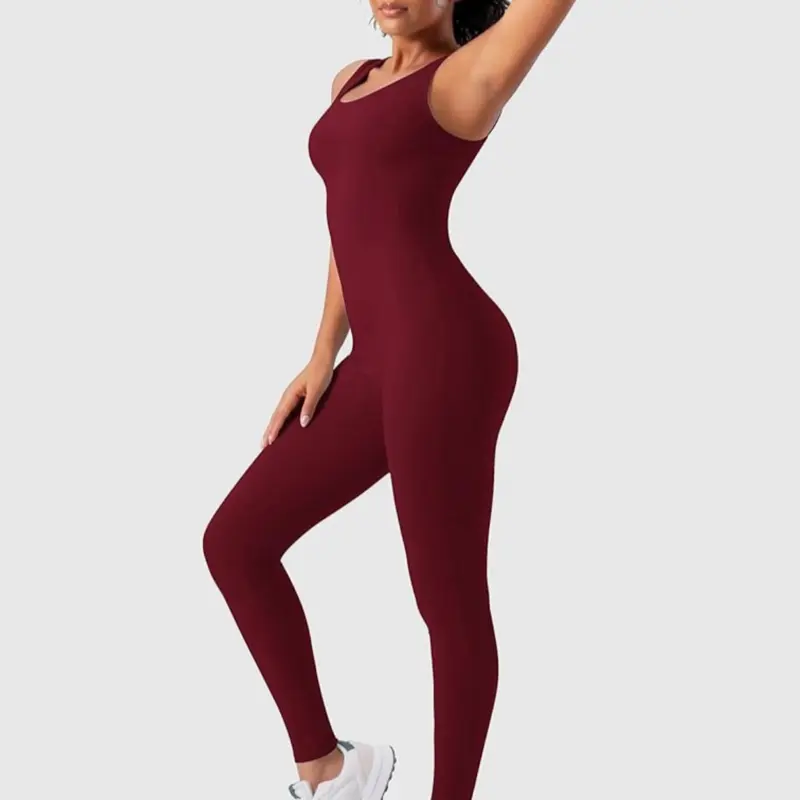 One-Shoulder Active Jumpsuit - Burgundy, High-Stretch Fabric, Perfect for Yoga & Gym, Comfortable Fit