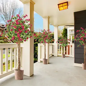 Artificial Bougainvillea Tree, Tall Potted Fake Bougainvillea Trees, Faux Tree with Wood Trunk and Pink Flowers for Outdoor Indoor