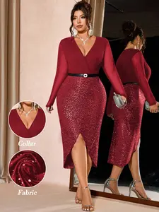 Elegant Deep V Mesh Long Sleeve Sequin Dress, Slim-Fitting Party Gown, Split Waist Design, Formal Evening Wear, Carpet Style, Womenswear
