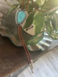 Teardrop Turquoise Bolo Tie - Gifts for Him Cabochon Indian Leather Cowboy Necktie Accessories Mens Necklace - Leather Brown Cord Woven