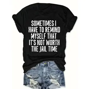 Women's Elegant Polyester T-Shirt with Letter Print, Crew Neck Long Sleeve Casual Top, Knit Fabric, Regular Length, All-Season Wear, 180gsm - Humorous Alphabet Pattern Design