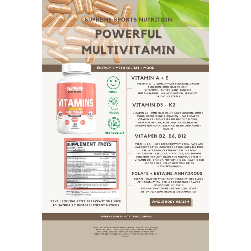 Supreme Vitamins All-Natural Multivitamin with 1800 MG Betaine for Energy Boost & Healthy Metabolism 30 Servings USA Made