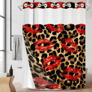 1PC 2D Flat No Hooks Double Layer Shower Curtain, Leopard Print Red Lips Full Print Waterproof Fabric, Y2K Edgy Style Home Decor, Accessories for Hotel, Dormitory & Home Bathroom, Clear Top Window & Detachable Snap-In Liner, Room Divider, 71×74 Inch