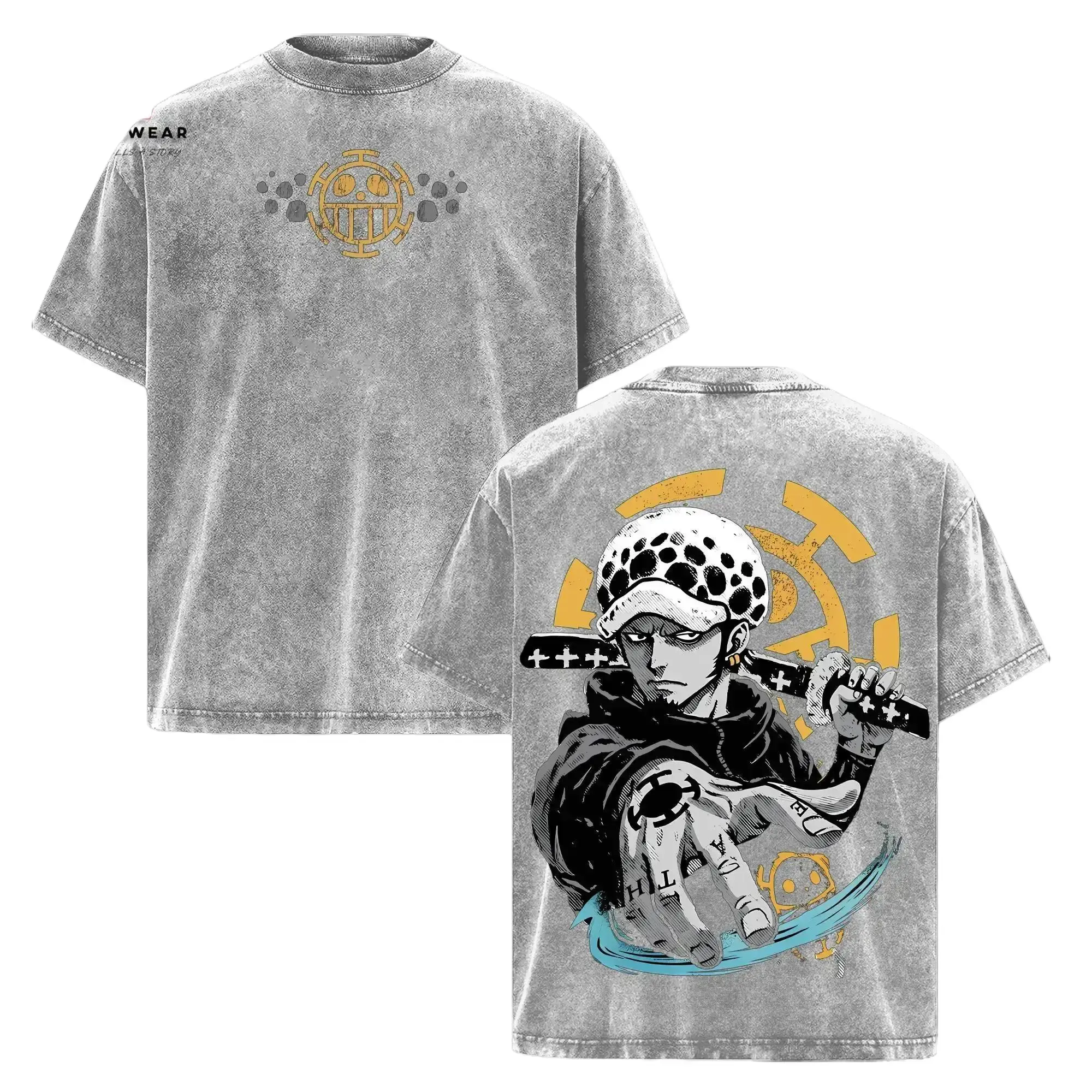 Women's Trafalgar Law Retro Acid Washed Short-Sleeve T-Shirt - Vintage Anime Manga Graphic Top, Oversized Lightweight Cotton Streetwear, Casual Anime Fan Gift, Shortsleeve, Tshirt, Anime Decal Women's T-Shirts