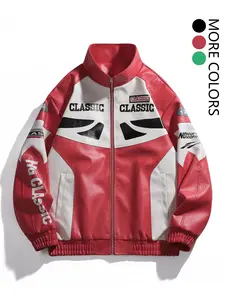 Men's Racing Style Stand Collar Leather Jacket in PU Leather Material, Shiny Texture, Windproof and Wear-Resistant, Perfect for Biker and Street Style