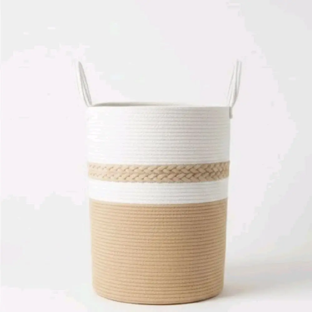 Cotton Rope Storage Basket with Handles - Woven Laundry Hamper, White & Tan
