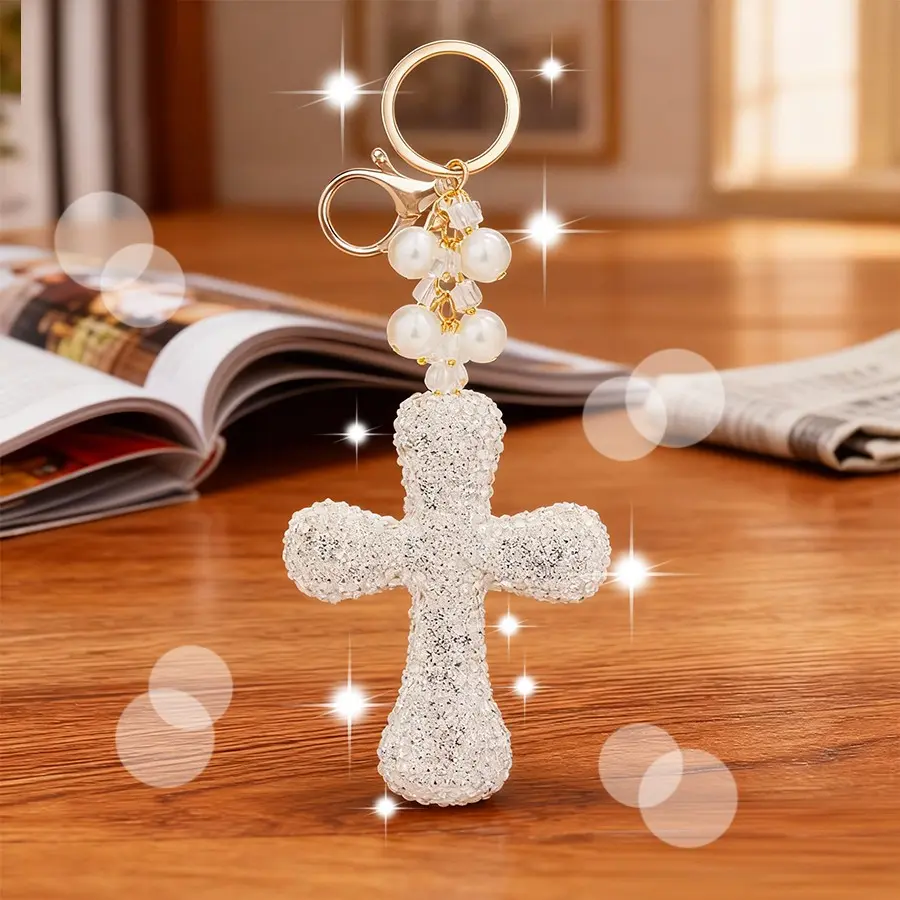 Bling Crystal Car Hanging Ornament,Cross Pearl Crystal Keychain, Keychain Decor, Bling Bling Keychains, Faith Jewelry, Rhinestone Pendant, Luxurious Style, Gift Recommendation, Believer Goodie, Personalized Accessory,Valentine’s gift,Shiny car charm
