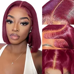 GK 99J Burgundy 13X4 Straight Lace Front Short Bob Wig, 8in, 180% High Density Wig, Pre-Plucked with Baby Hairs, Natural Scalp Design, Bob Cut, Wigs