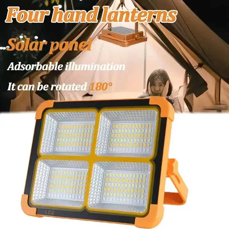 Portable LED solar work light with stepless brightness for job sites, suitable for car repairs and as a work light.