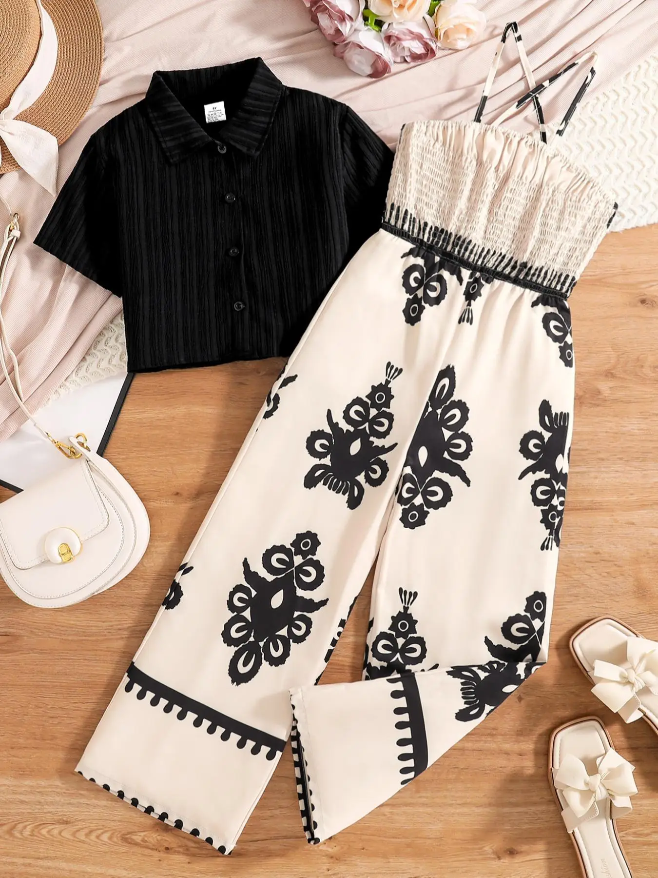 Girl's Graphic Print Two-piece Set, Casual Sleeveless Jumpsuit & Short Sleeve Top, Kids Summer Clothes