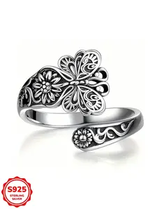 Fashion S925 Sterling Silver Vintage Butterfly Ring for Women, Statement Ring, Bohemian Sunflower Embossed Adjustable Open Ring, High Quality Jewelry Gift