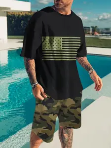 Men's Comfortable Breathable Casual Sports Set, Fitted Crop Tee & Track Shorts, Geometric Pattern, Short Sleeve, A-Type Silhouette