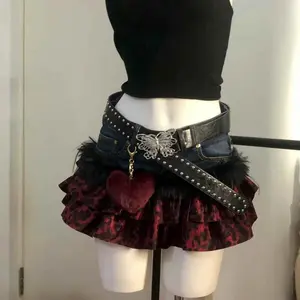 Vintage Y2K Red Leopard Denim Skirk Fashion Patchwork Ruffled Mini Skirts 2000s Punk Style Casual Hot Girl Party Clothing New