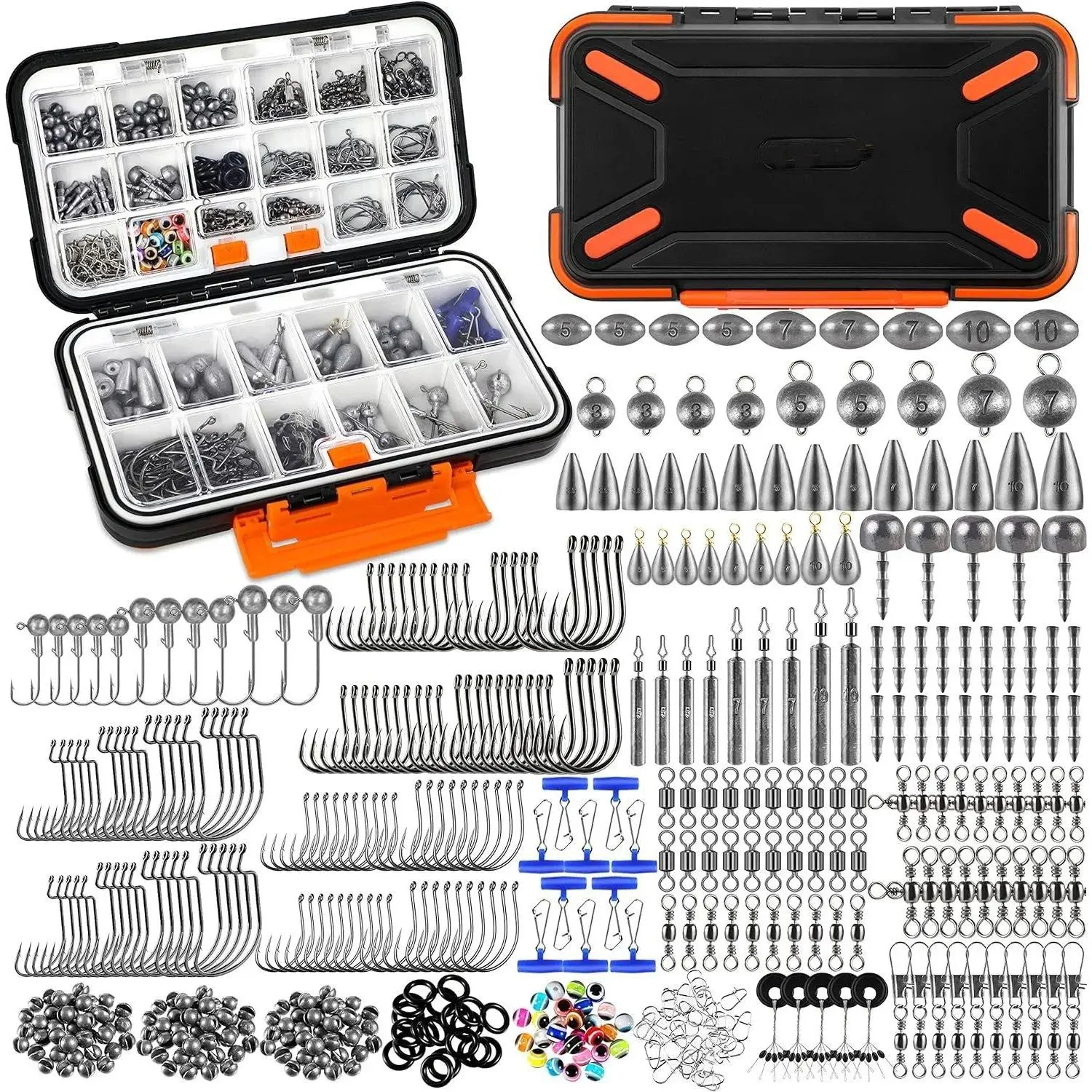 397pcs Fishing Accessories Kit, Fishing Tackle Box with Tackle Included, Hooks, Weights, Jig Heads, Swivels Snaps Combined into 12 Rigs, Fishing Gear Equipment for Bass