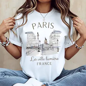 Paris Cityscape Print T Shirt  Casual Loose Fit For Everyday Wear And Leisure Activities