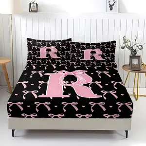 Black and pink butterfly bow letter printed pattern bed sheet, Bedsheet, including 1 bed sheet and 2 pillowcases, bedding, anti slip dust cover suitable for bedrooms, guest rooms, children and adults