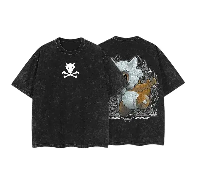 Men's Cubone Graphic T-Shirt in an Oversized Fit, Vintage Acid Washed Soft 230gsm Heavyweight Cotton, Free Expedited Shipping, Tops, Graphic Print, Fabric, Ribbed, Round Neck, Heavyweight Tee