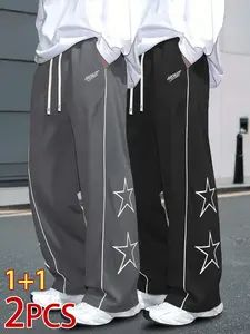 Men's Two-Piece Long Pants Set, Loose Fit Pockets, Fashion Print, Lightweight Fabric, Casual Gym Shorts, Daily Wear, Sporty Style Clothes
