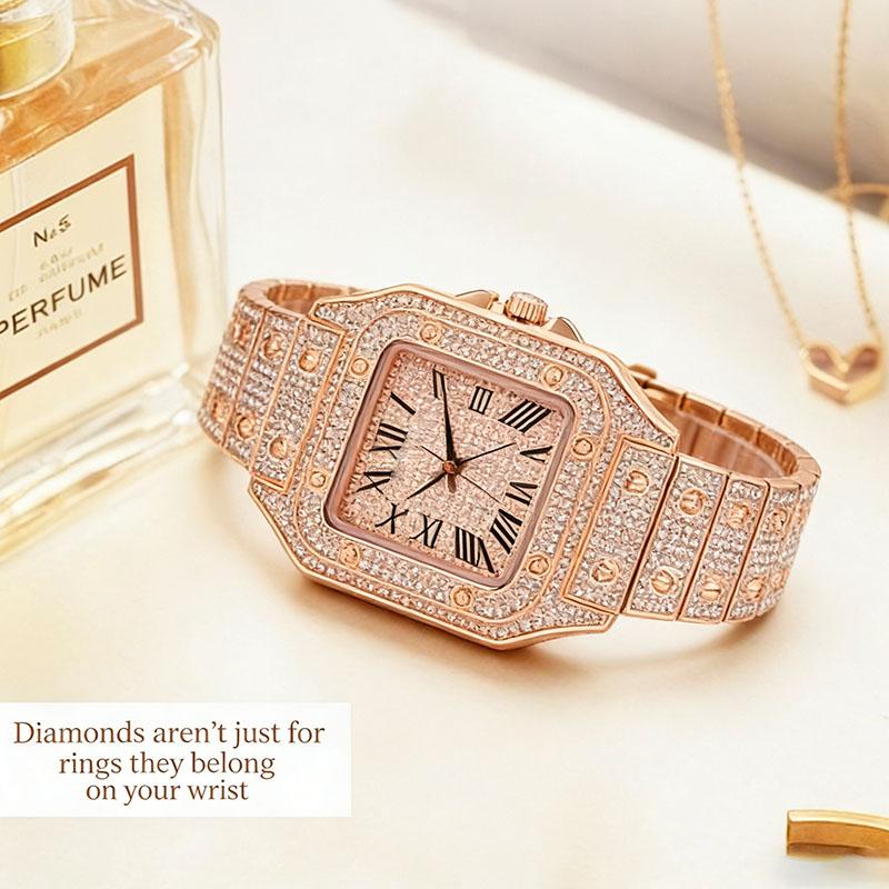 AIMANA Stylish Full-Diamond Square Watch – Sparkling crystal design, Roman numeral dial, high-quality quartz movement, suitable for parties and everyday wear, an ideal holiday gift.
