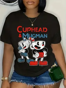 100% Cotton Unisex Cuphead & Mugman Black Classic Fit T-Shirt - Adult Crew Neck Short Sleeve