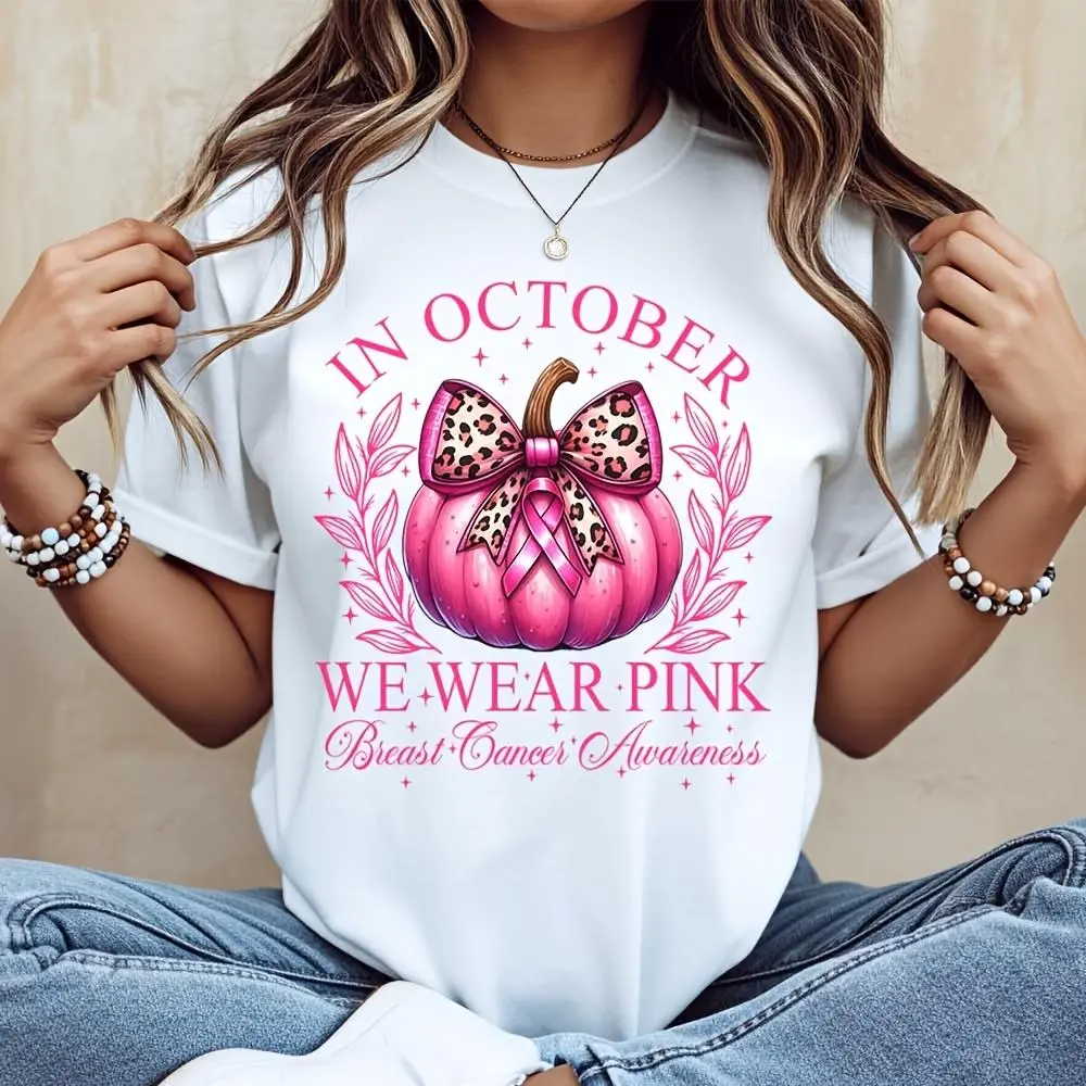 Pink Pumpkin Leopard Bow Print T-Shirt, October Breast Cancer Awareness Month Graphic Tee, Autumn Charity Support Casual Top