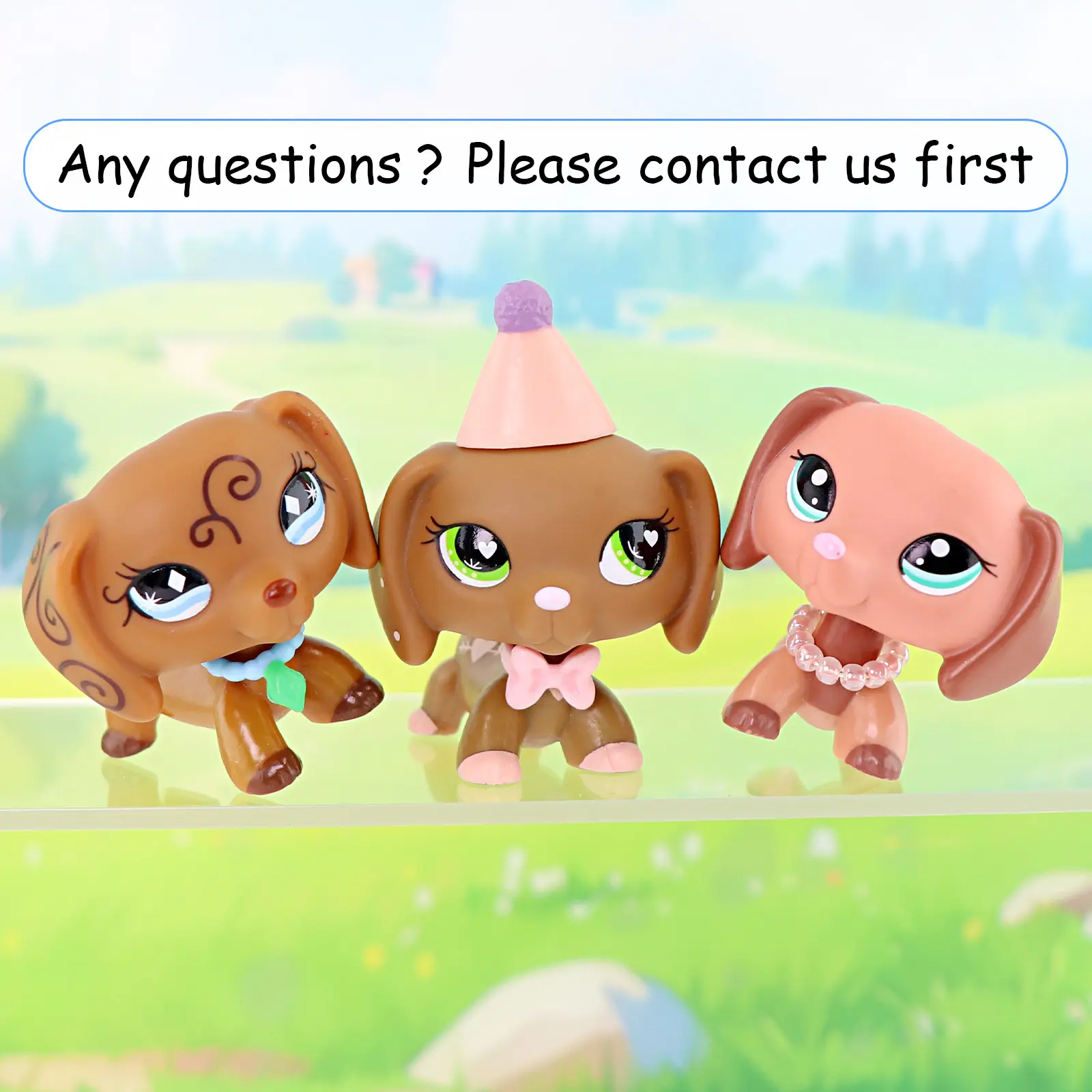 3 Pcs Cute Cartoon Dachshund Figurines Set - Big Eye Mini Puppy Collectible Figures with Dress-Up Accessories, Pretend Play Sets, Desktop Decor & Hobby Collector Gift